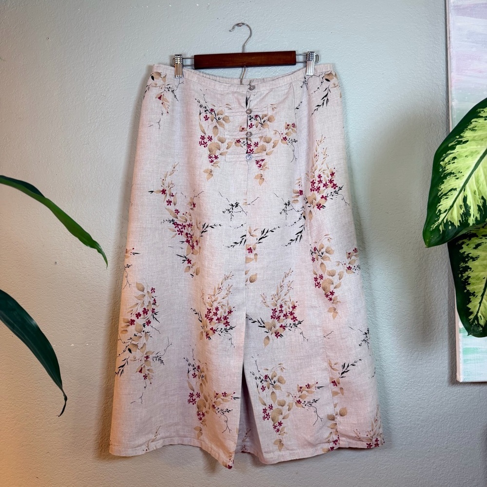 Orvis Linen Natural Tan Asian Cherry Blossom Floral A Line Pleated Midi Skirt M